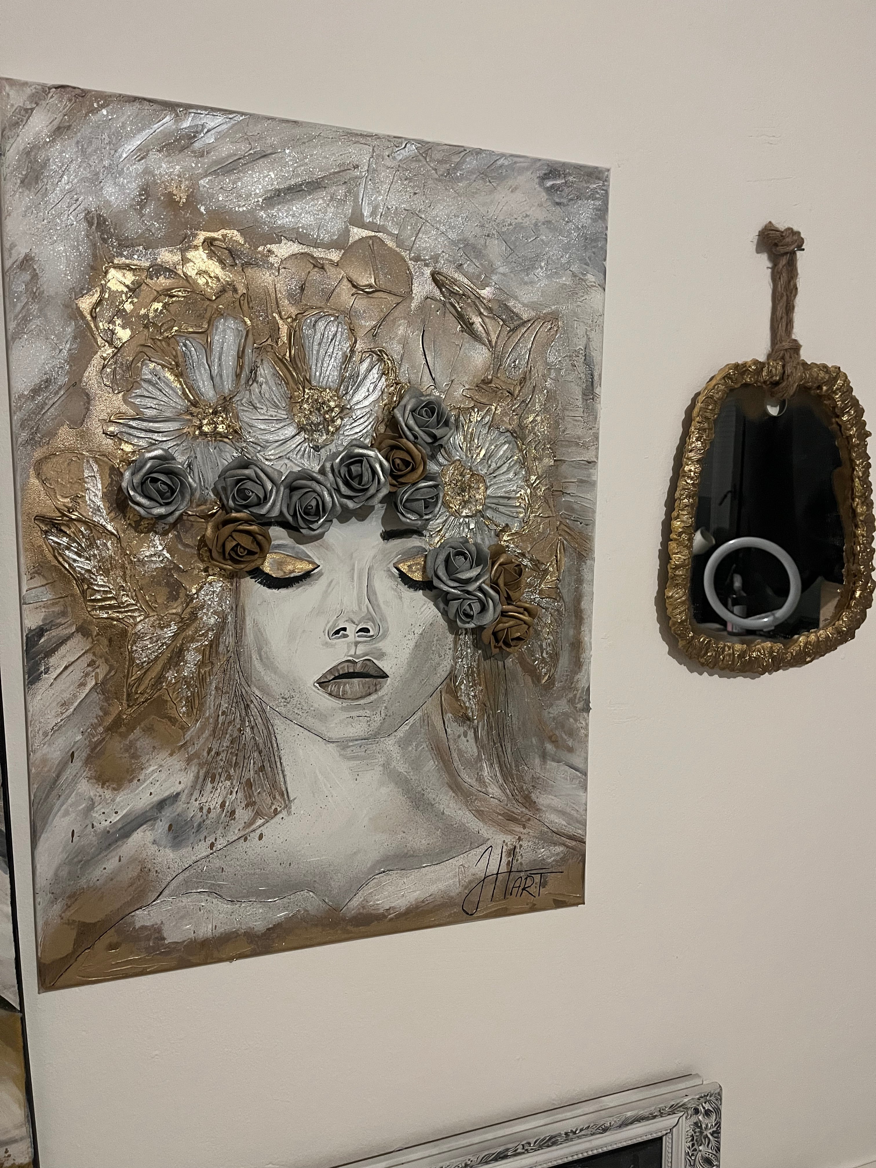 Abstract Woman Portrait with Gold Flowers