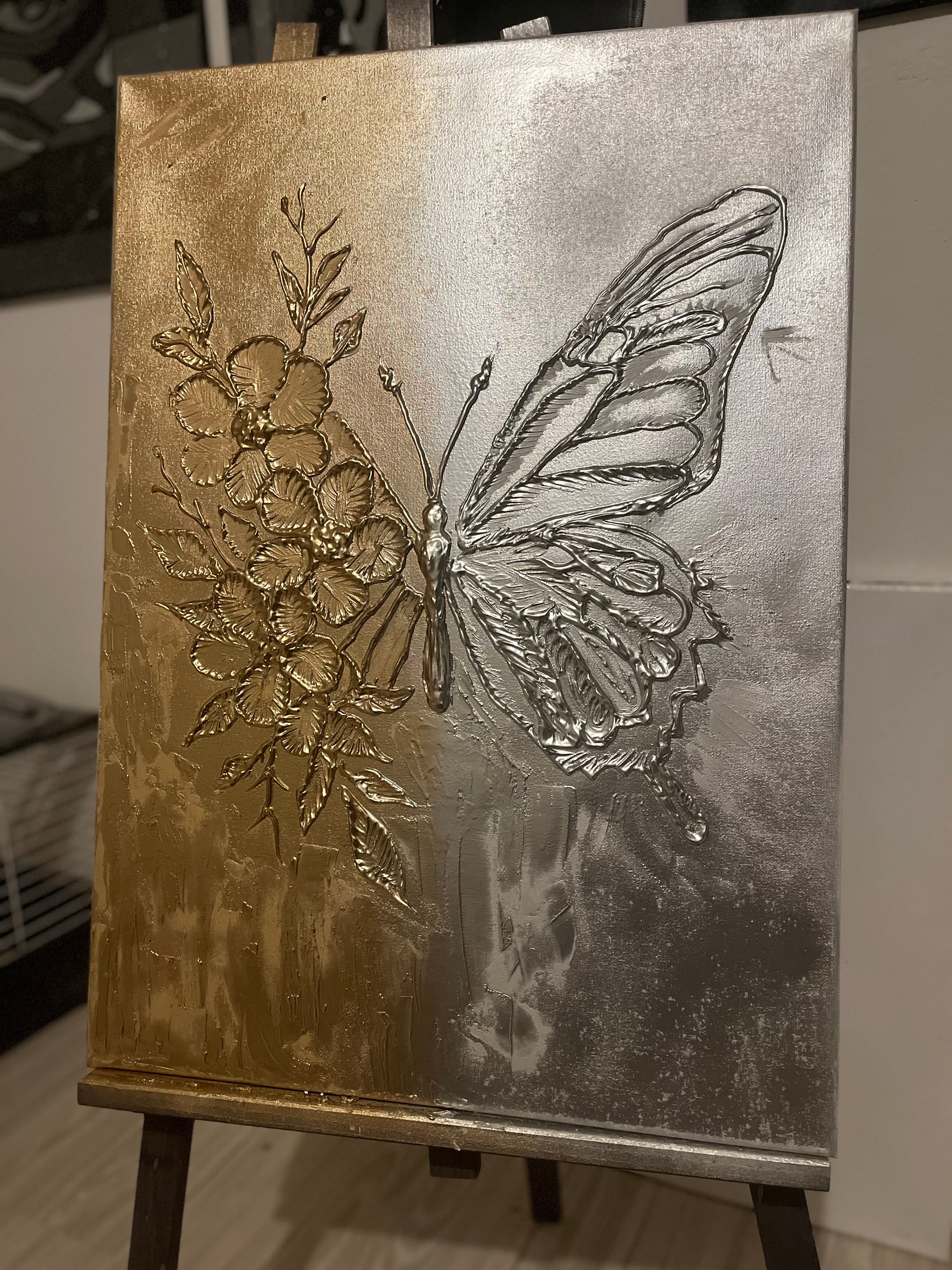 Textured Abstract Painting with Gold and Silver
