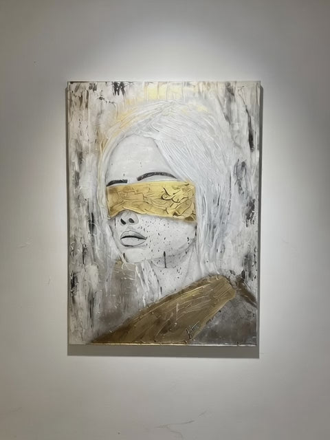 Abstract Woman Portrait with Gold Texture – Original Black & White Art