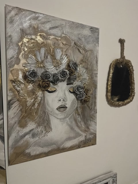 Abstract Woman Portrait with Gold Flowers